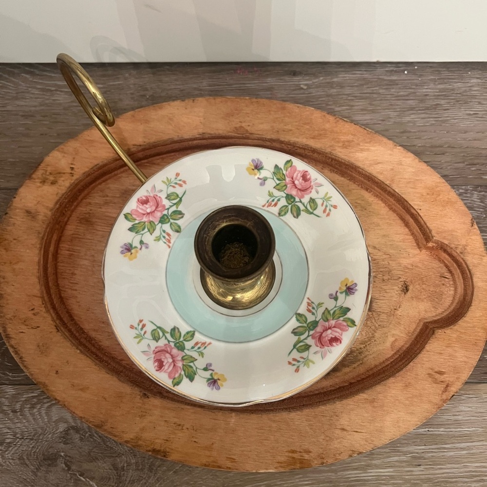 Vintage Floral Candle Holder with Brass Accent